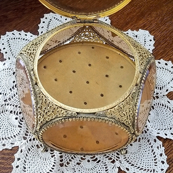 Vintage French Brass Filigree Amber Beveled Glass Ormulu Jewelry Box Casket - Picture 9 of 16